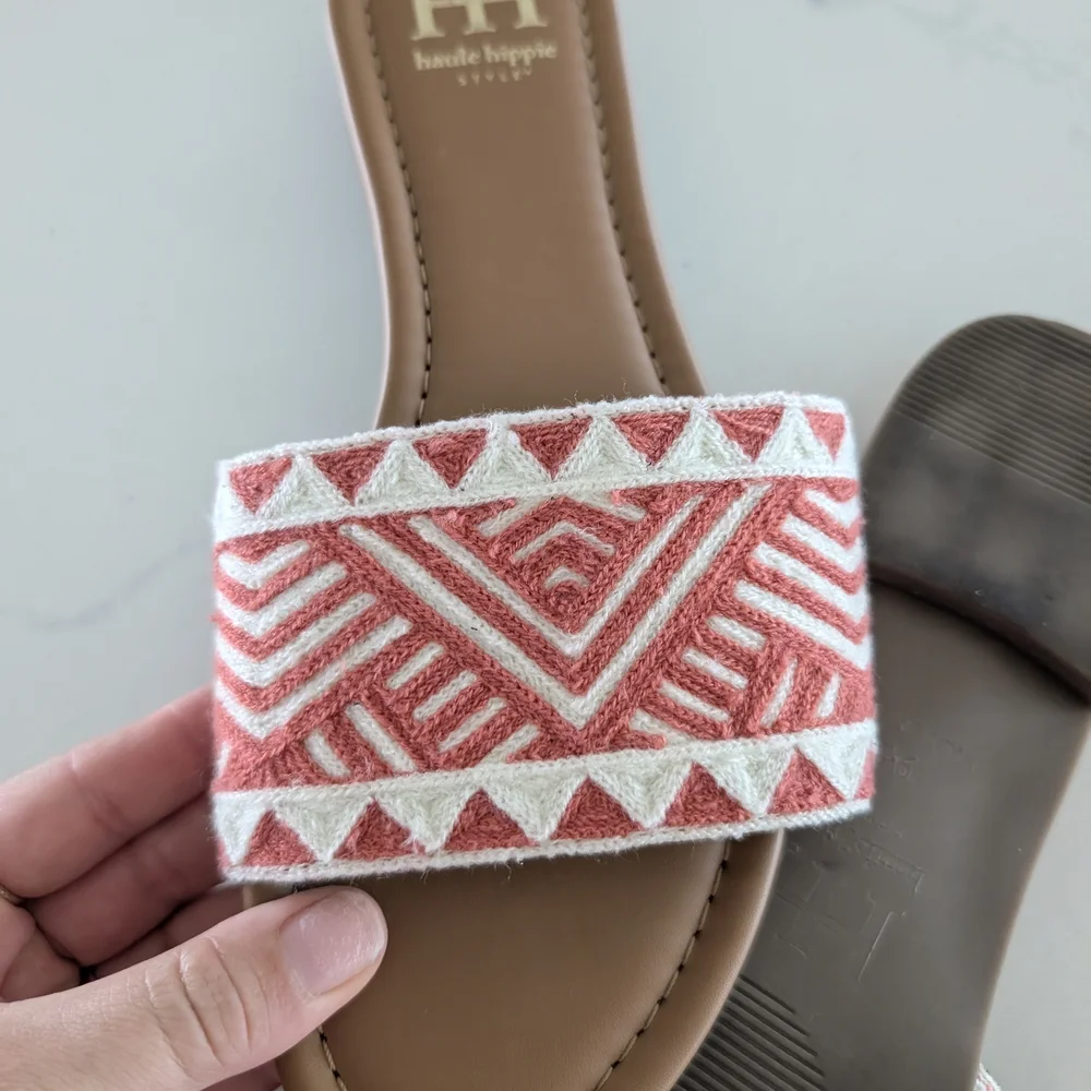 Haute Hippie Orange and Cream Aztec Slide On Sandals Size 9.5 - Picture 7 of 8